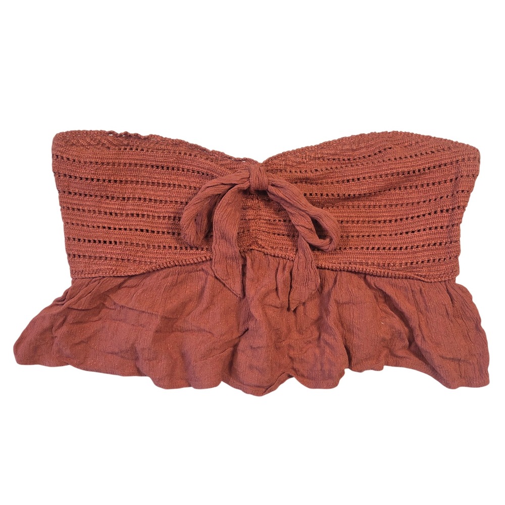 American Eagle Rust Crochet Lace Tie Front Ruffle Tube Top Large Boho Smocked